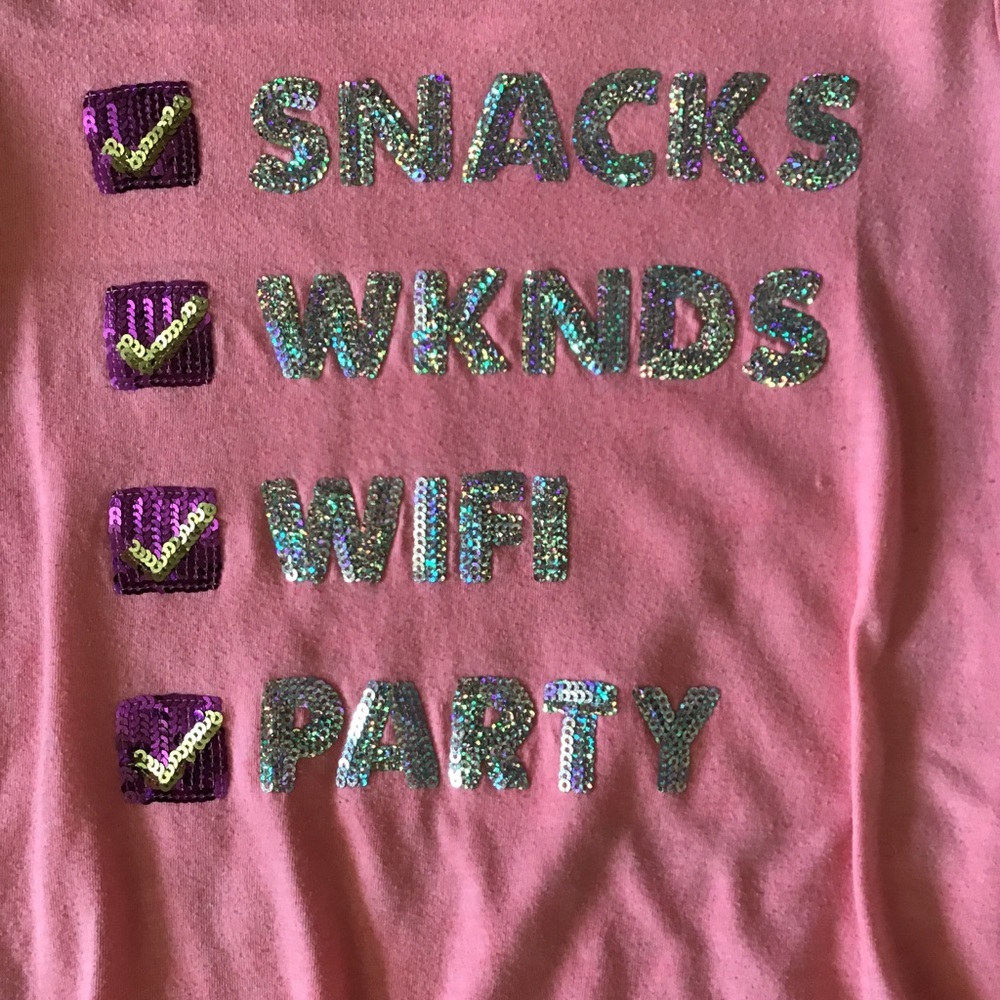 Pink snacks, weekends, wifi, party kids tee